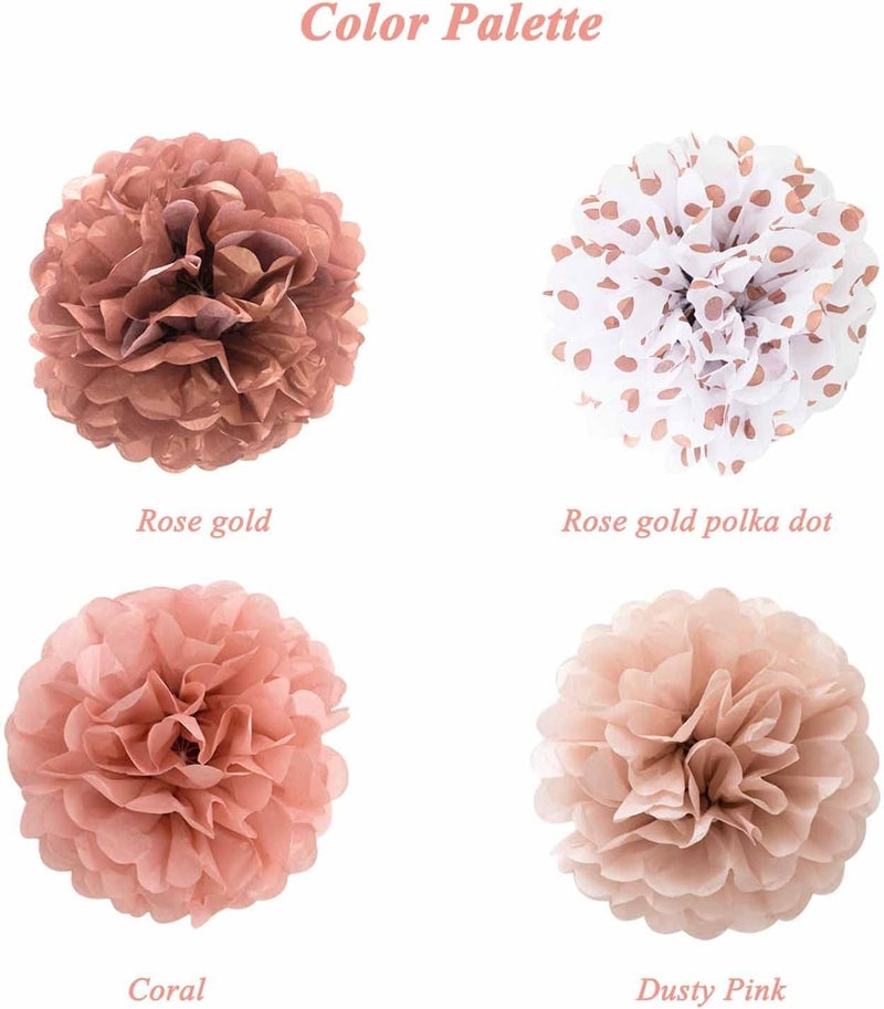 ANSOMO Rose Gold Tissue Paper Pom Poms Flowers Dusty Pink Coral Polka Dot Wall Hanging Wedding Birthday Bridal Baby Shower Party Decorations 12" 10" Pack of 12 - Image 2
